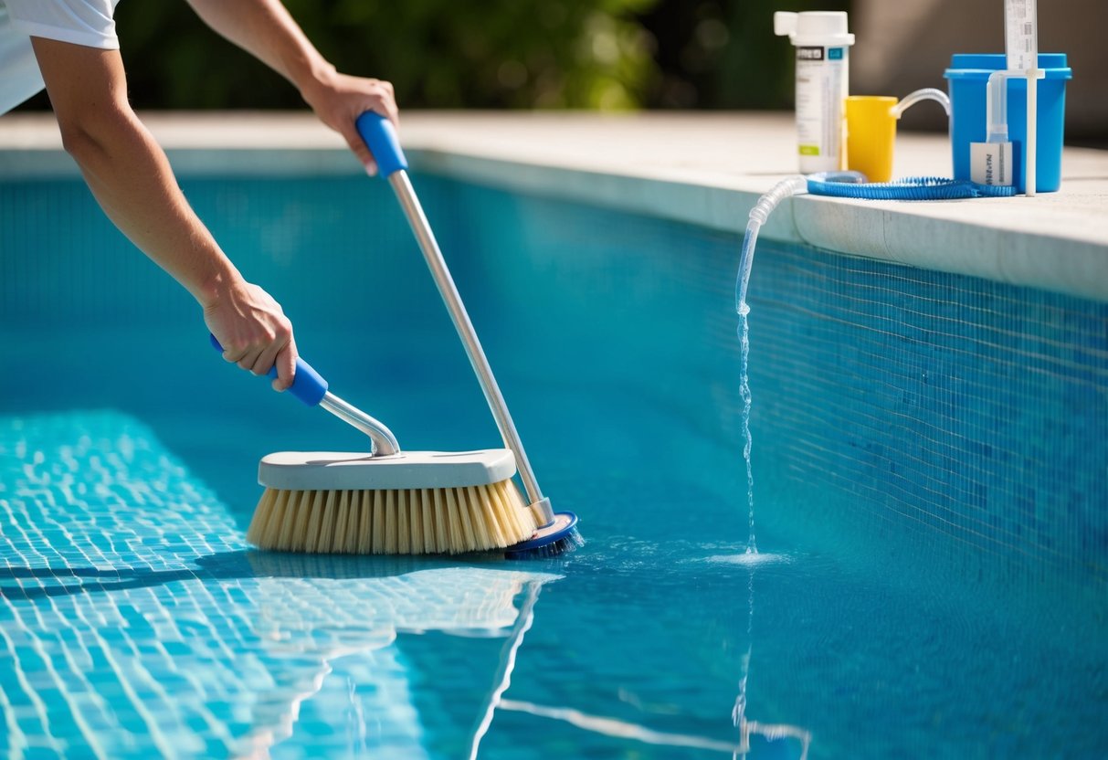 A person using a long-handled brush to scrub the newly resurfaced pool, while another person tests the water chemistry with a testing kit