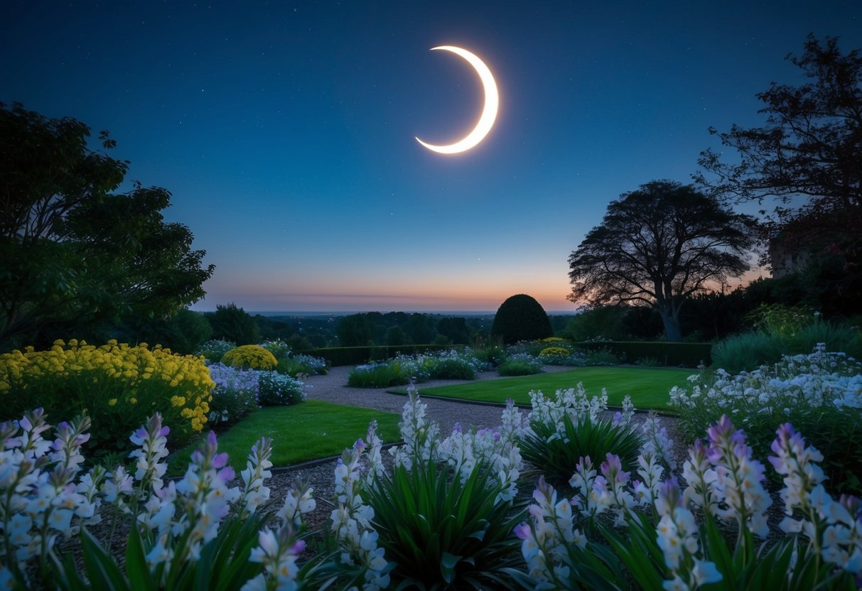 Um céu noturno sereno com uma lua crescente brilhando sobre um jardim tranquilo cheio de flores excilatropano em flor