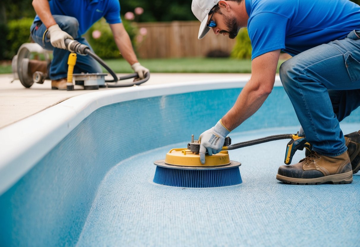 A pool being resurfaced with innovative techniques, showing workers using specialized equipment and materials to rejuvenate the pool surface