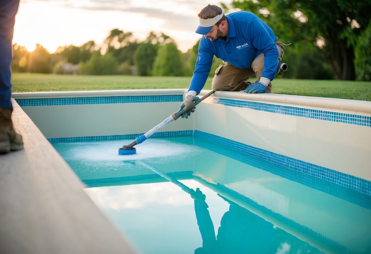 A pool being resurfaced with innovative methods, including preparation and application techniques