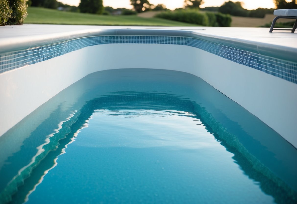 A pool with a smooth, freshly resurfaced interior, showcasing innovative techniques in pool resurfacing. The water is crystal clear, reflecting the surrounding landscape