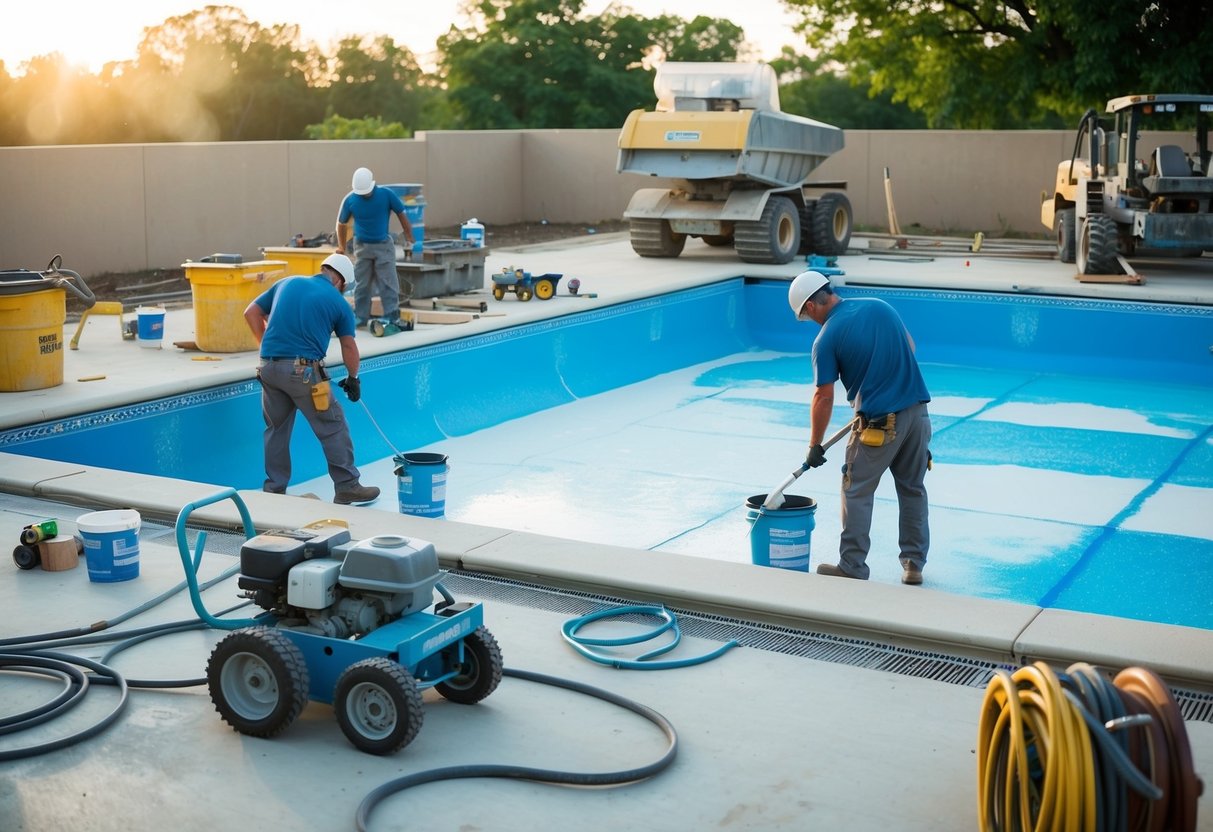 A pool being resurfaced with workers applying new materials while heavy machinery and tools are scattered around the area