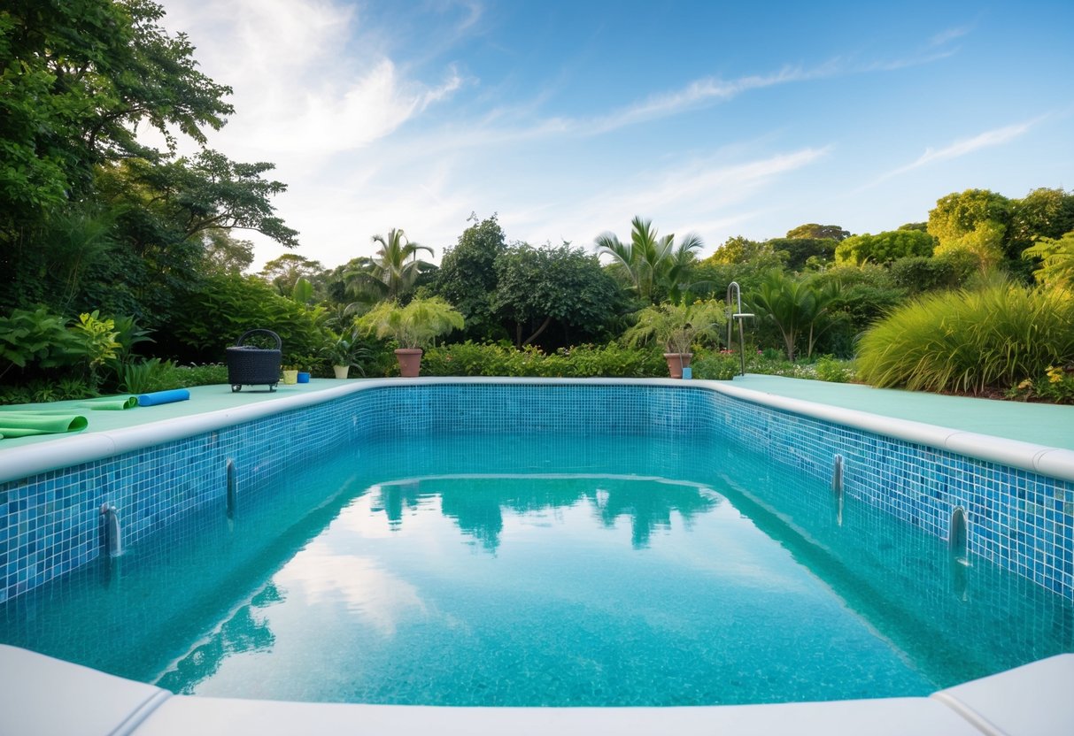 A pool being resurfaced with environmentally friendly materials, surrounded by lush greenery and clear blue skies