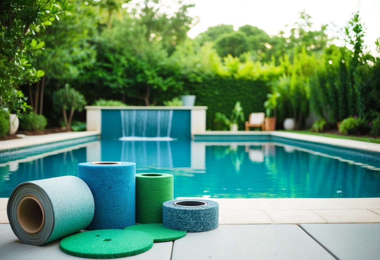 A serene backyard pool surrounded by lush greenery, with a variety of eco-friendly pool resurfacing materials displayed nearby