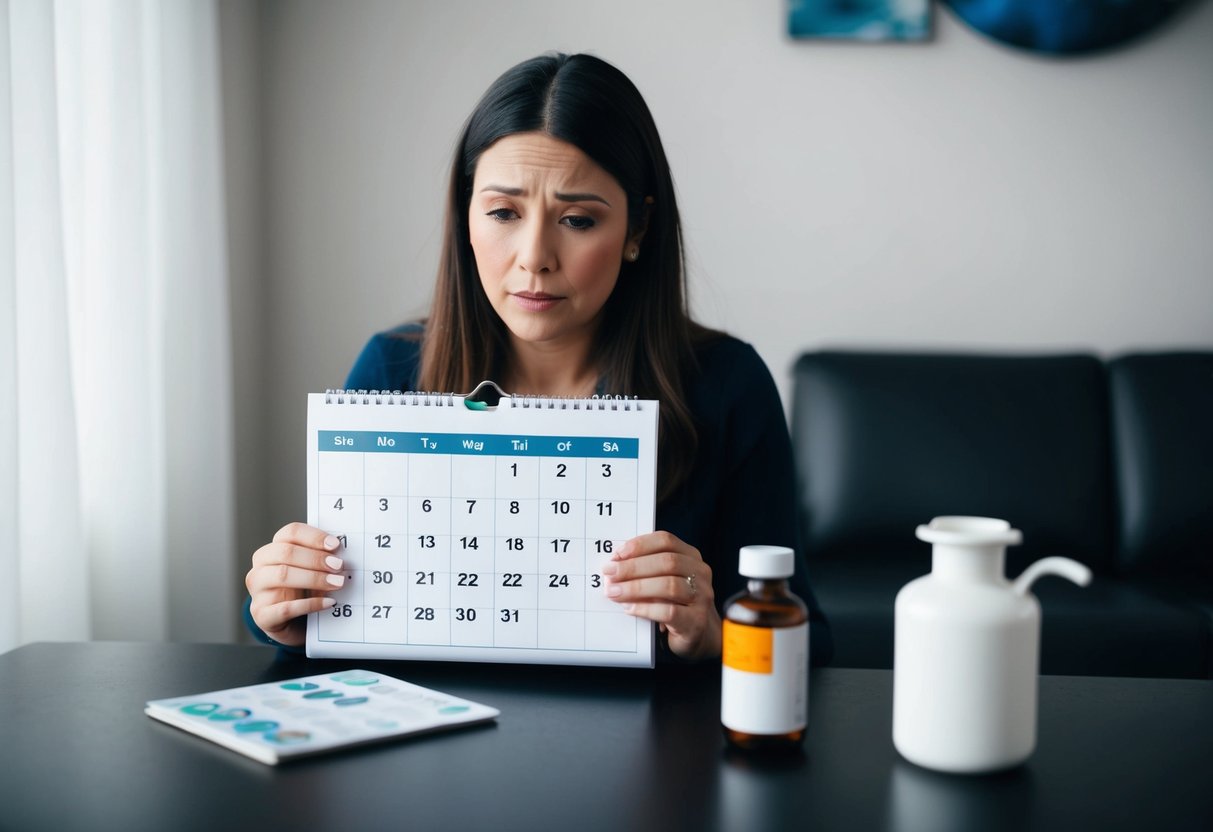 Uma mulher segurando um calendário e olhando para ele com uma expressão preocupada. Uma garrafa de medicamento e uma bolsa de água quente estão próximas.