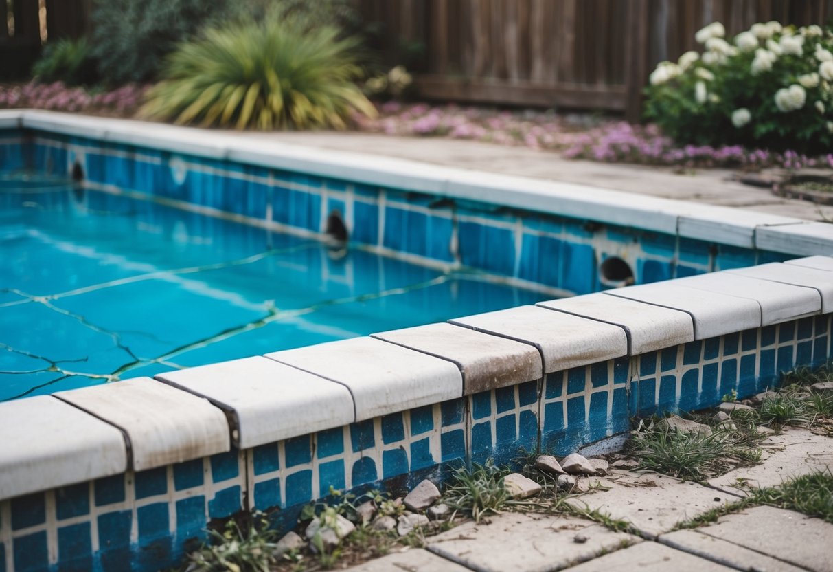 A pool with cracked tiles and worn coping, surrounded by neglected landscaping, showing the need for timely repair and maintenance