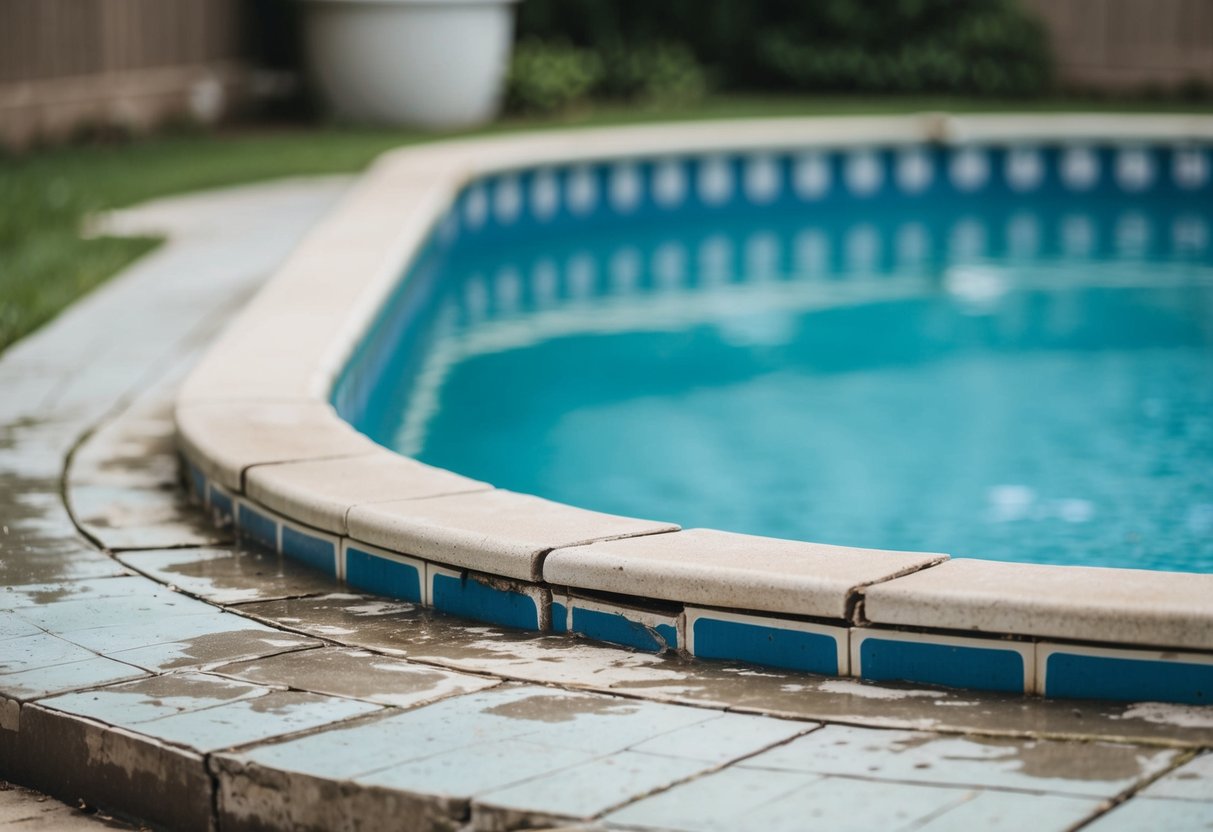 A pool with cracked and discolored tiles, and worn coping around the edges. Water may be leaking and the pool's appearance is deteriorating