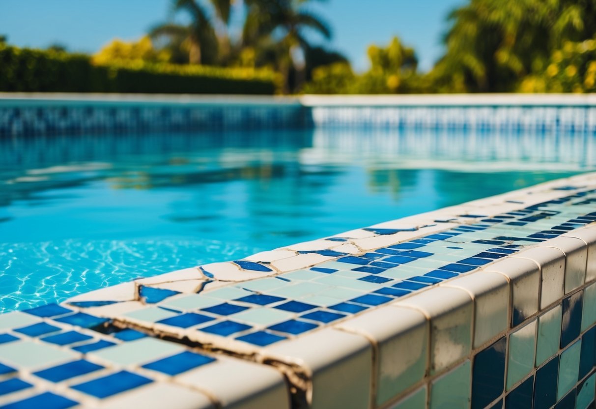 A swimming pool with cracked and chipped tiles and coping, surrounded by clear blue water and lush greenery