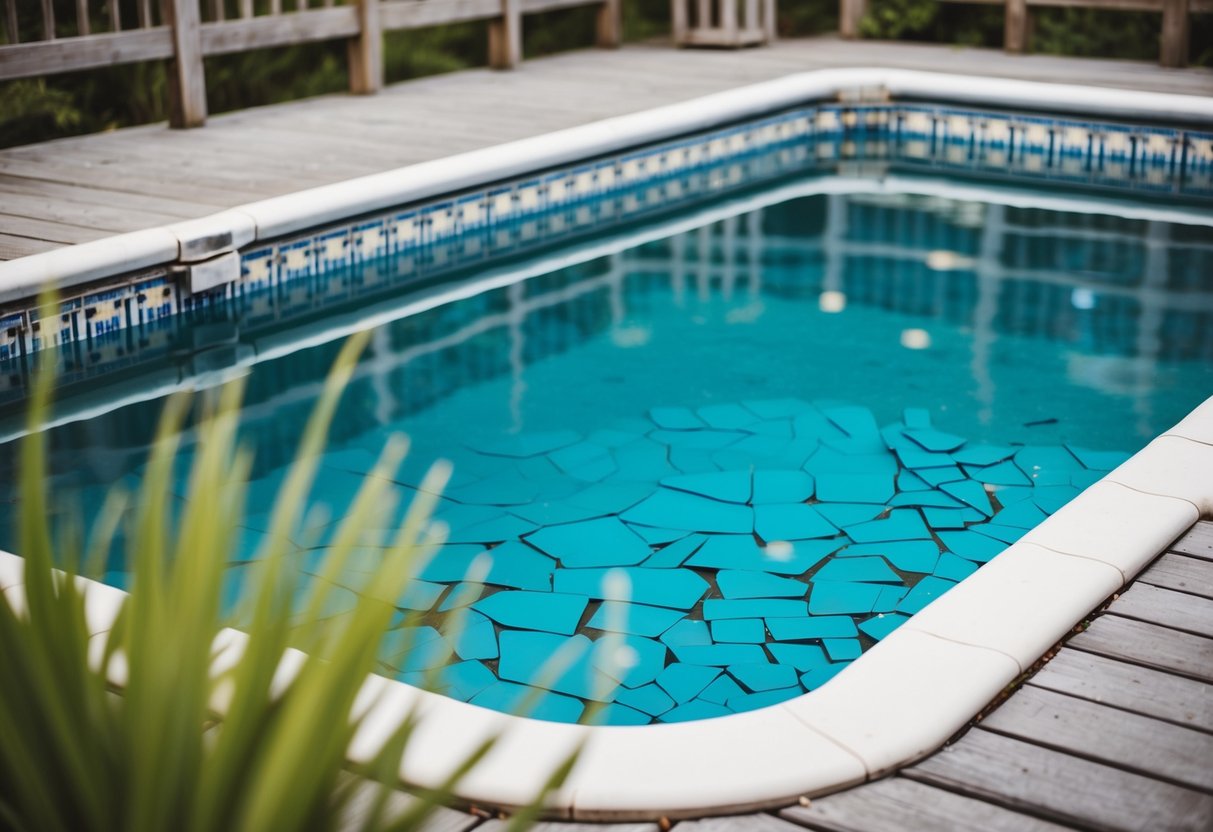 A pool with cracked and chipped tiles and coping, surrounded by water and a deck