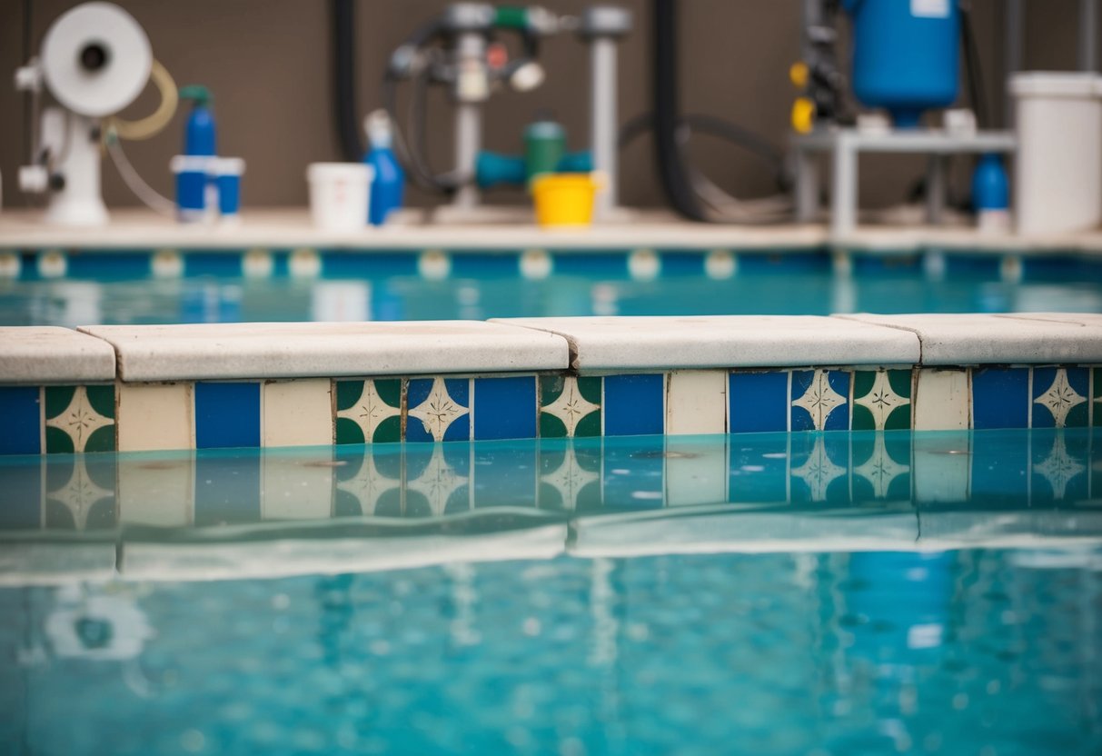 A pool with discolored and deteriorating tile and coping, surrounded by cloudy water and chemical testing equipment