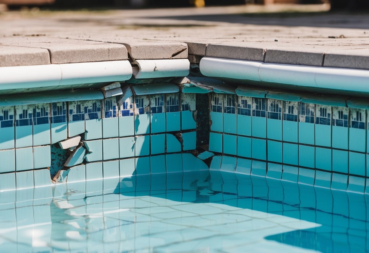 A pool with cracked and dislodged tiles, and damaged coping around the edges. Some tiles are missing or chipped, while the coping shows signs of wear and tear