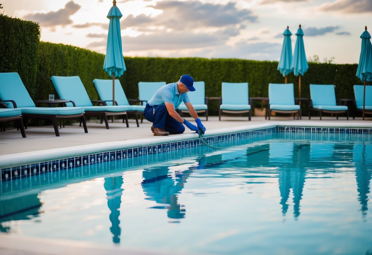 A pool with coping and tile, surrounded by lounging chairs and umbrellas, with a maintenance worker inspecting and repairing the pool's edge