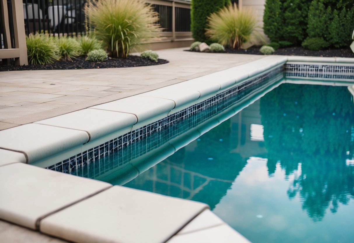 A pool with clean, well-maintained coping and tile, surrounded by a deck and landscaping. The coping is free of cracks or damage, and the tile is smooth and evenly grouted