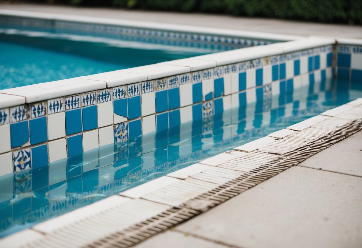 A pool with cracked and chipped tiles along the waterline, surrounded by coping in need of repair