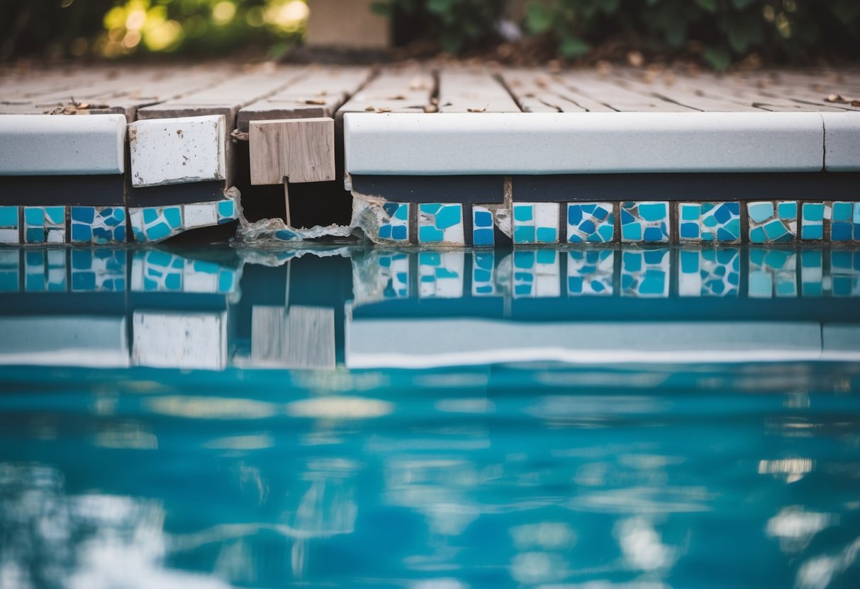 A pool with cracked and chipped tiles and coping, some loose and others missing, surrounded by water and a deck