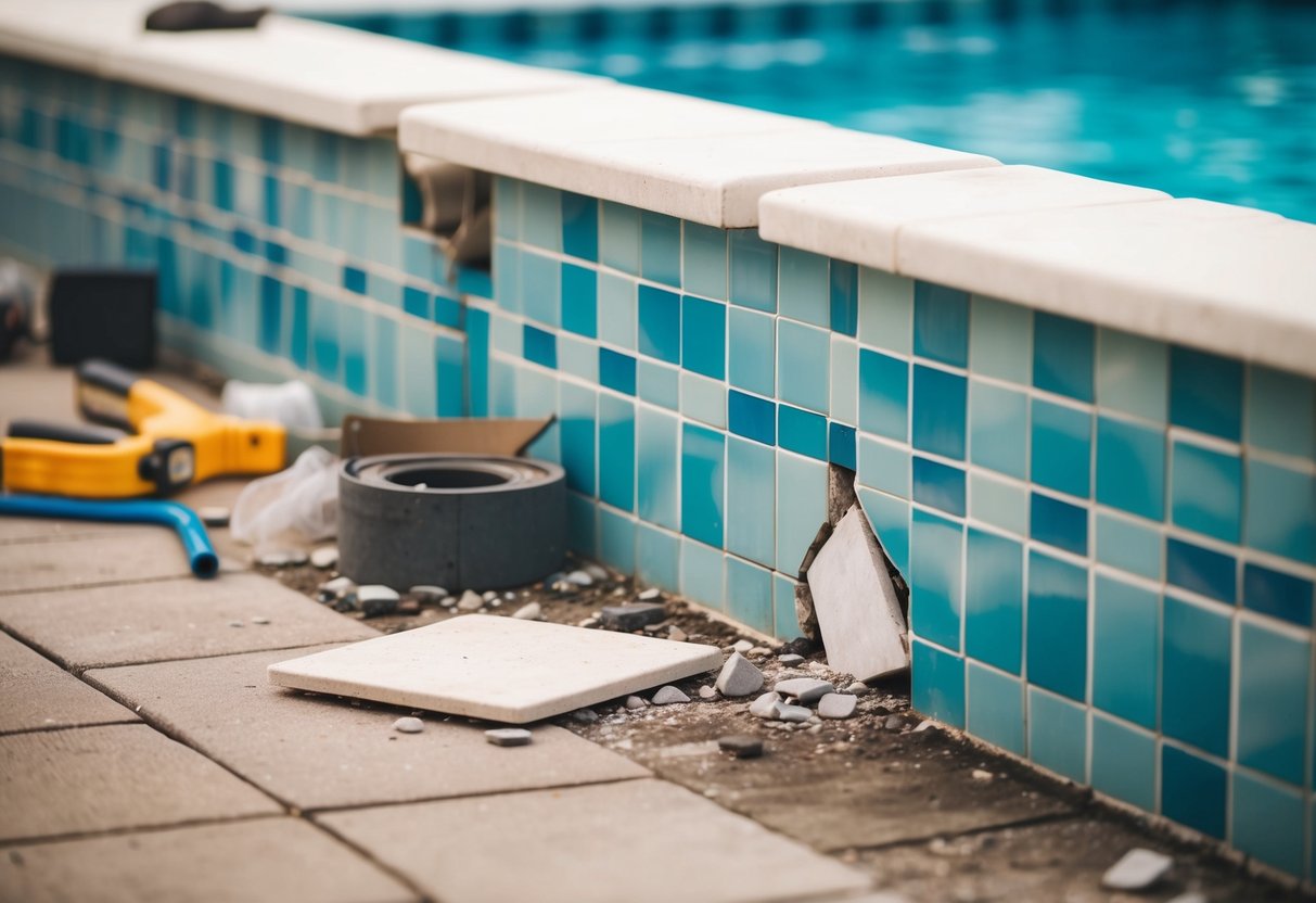 A broken tile and coping around a swimming pool, with tools and materials scattered nearby