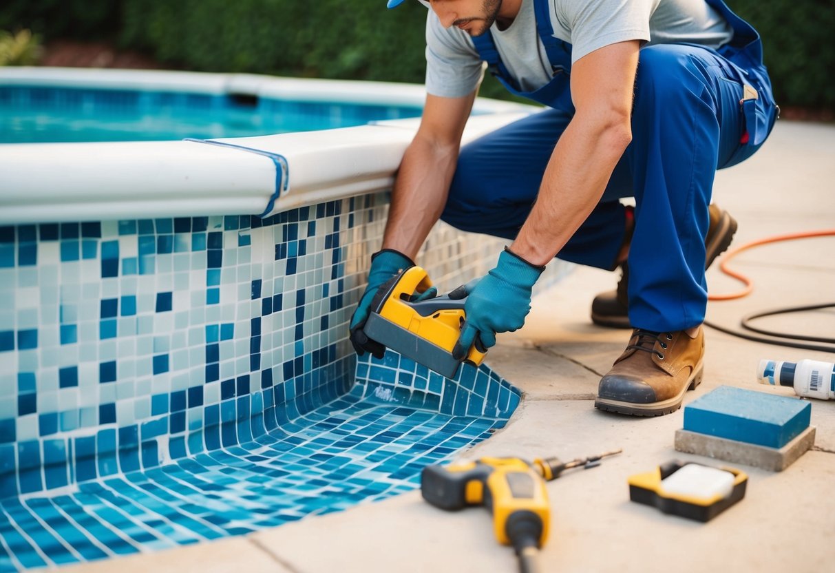 A worker repairing damaged pool coping and tiles with budget-friendly materials and tools