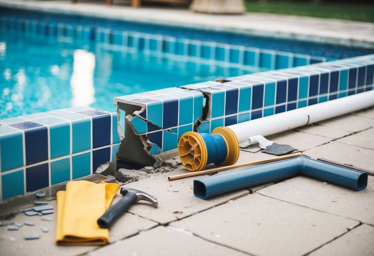 A pool with cracked tiles and damaged coping, tools and materials nearby for repair