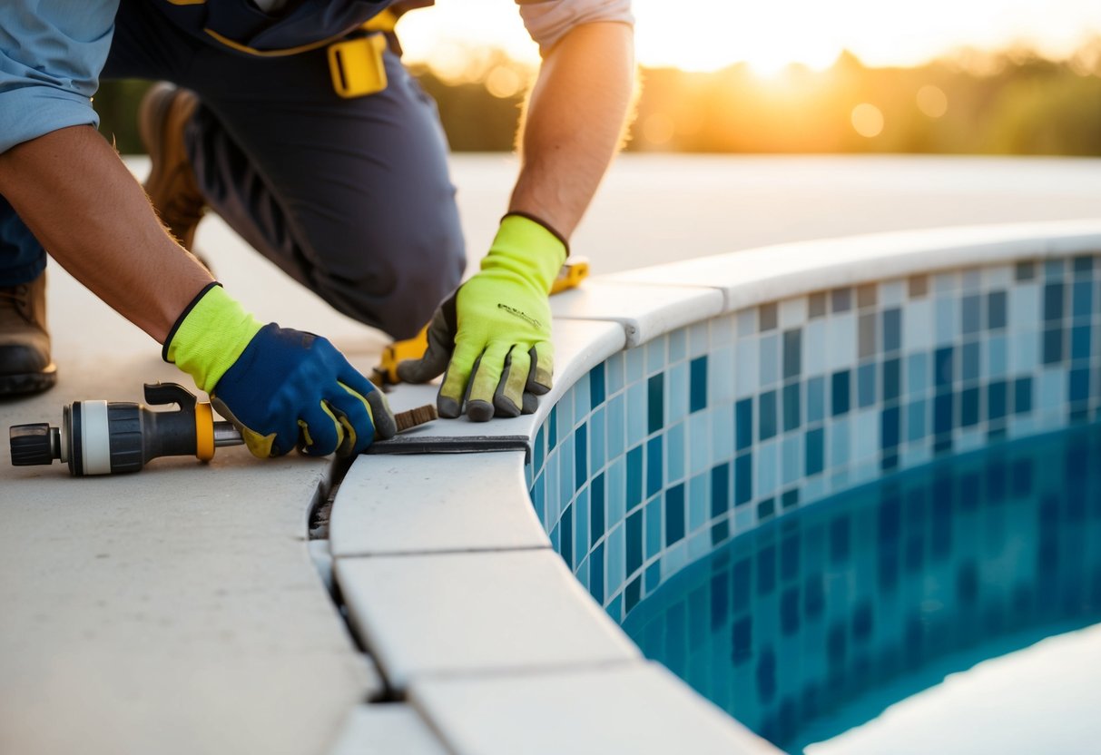 A contractor carefully replacing broken tiles and coping on a pool edge, using specialized tools and materials