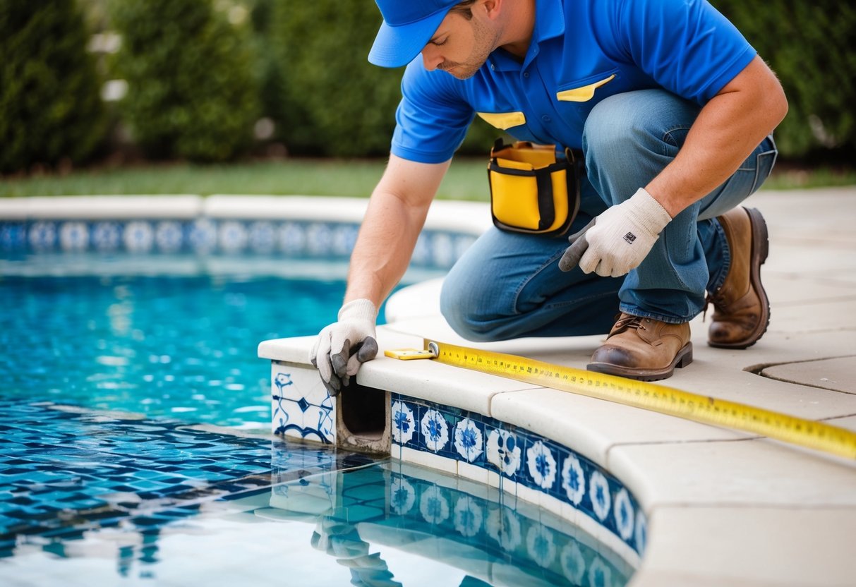 A contractor measuring and inspecting damaged tile and coping around a pool, with a focus on cost considerations