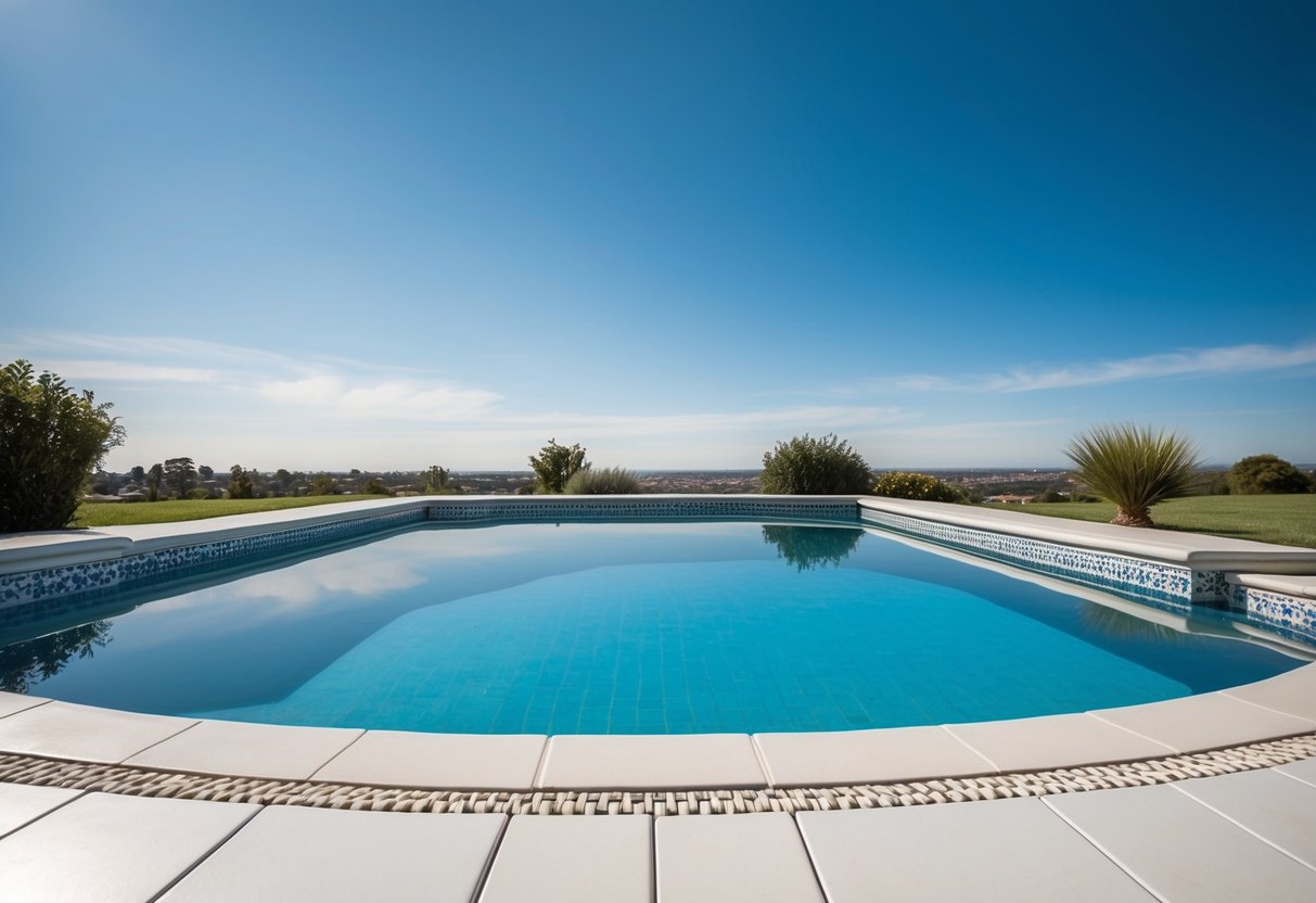 A pristine pool with carefully laid tile and coping, reflecting the surrounding landscape under a clear blue sky