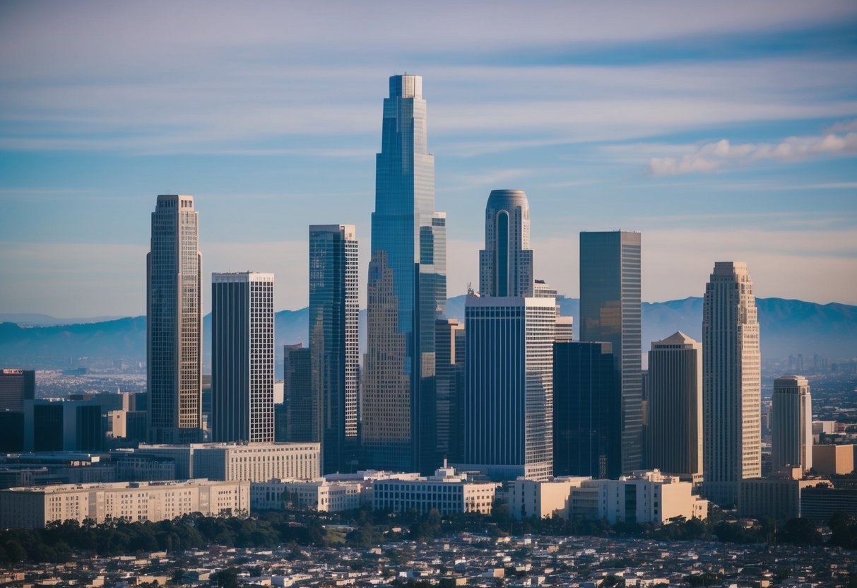 An urban skyline with skyscrapers and office buildings against a backdrop of the California landscape