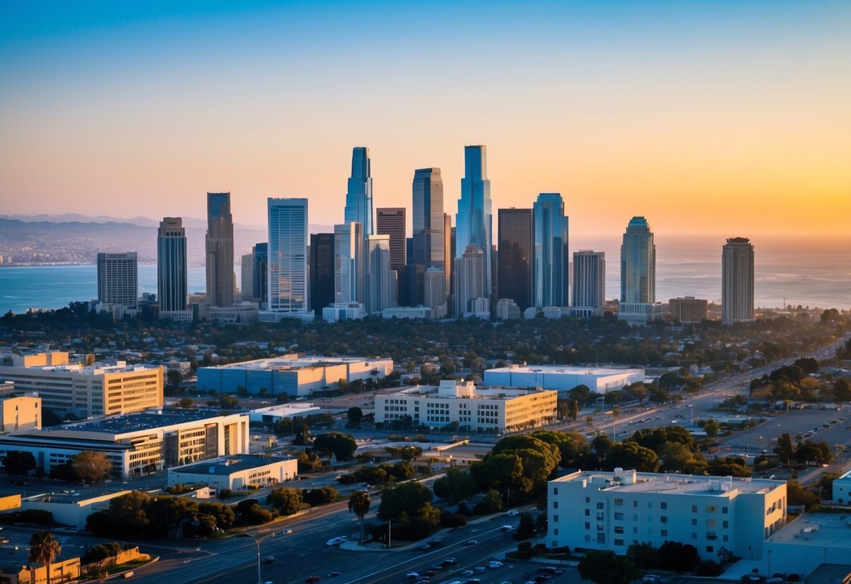 A skyline of California with various commercial real estate properties and their surrounding urban landscape, showcasing the diverse factors influencing cap rates