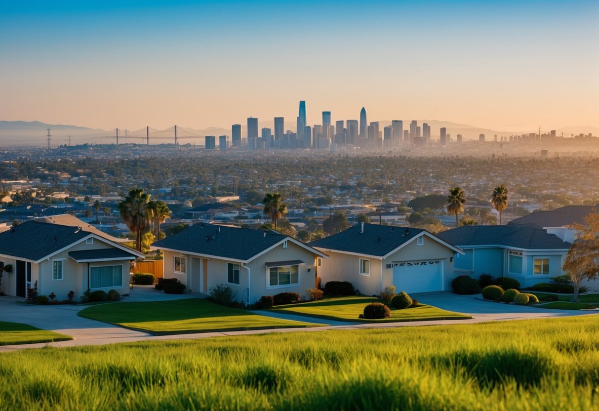 A sunny California landscape with a residential property and a city skyline in the background, representing the impact of property taxes on the income capitalization approach