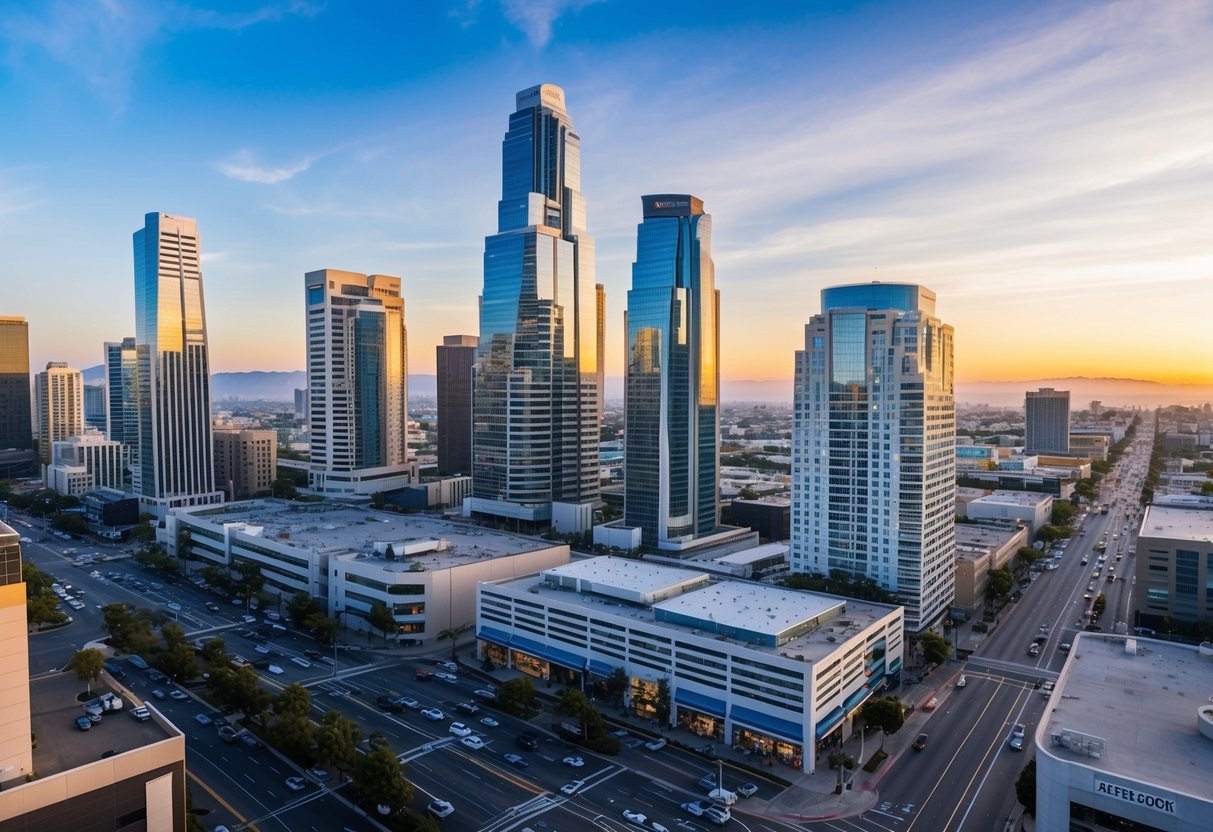 A bustling commercial district in California, with modern skyscrapers and busy streets, showcasing the dynamic real estate market