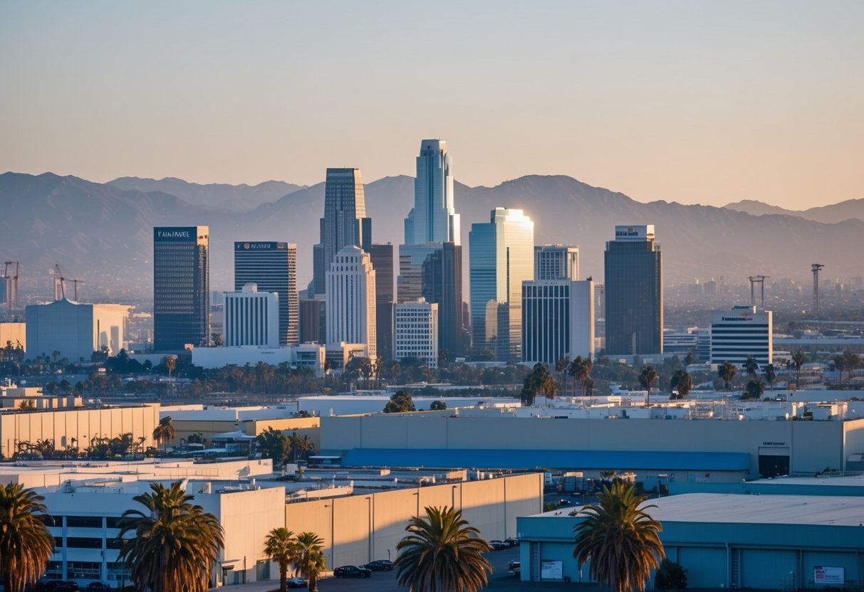 A bustling California city skyline with various commercial real estate properties, including office buildings, retail spaces, and industrial warehouses, set against a backdrop of mountains and palm trees