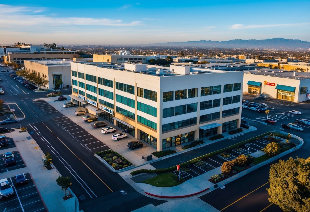 A commercial building in California, with various income-generating components such as retail spaces, offices, and parking areas. The building is surrounded by bustling city streets and is part of a vibrant urban landscape