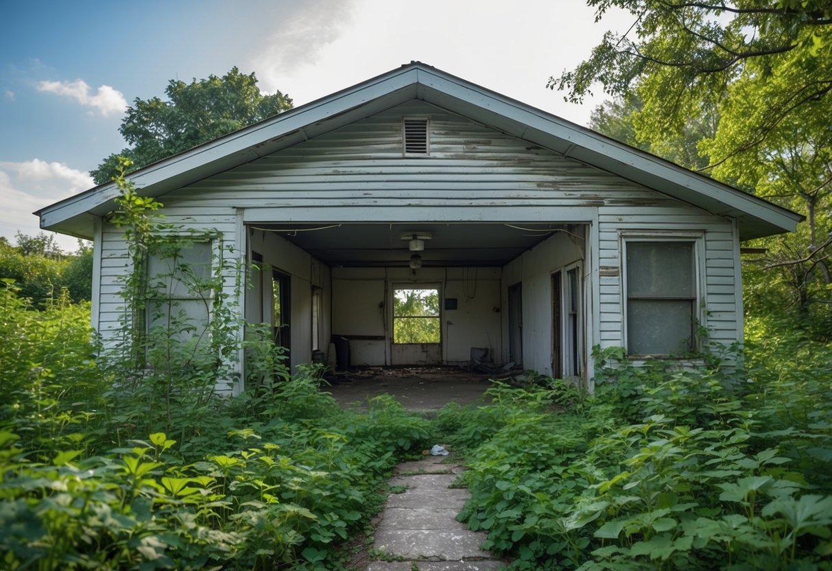 An old, run-down property surrounded by overgrown vegetation, with visible signs of wear and tear on the exterior. The interior shows outdated fixtures and deteriorating infrastructure