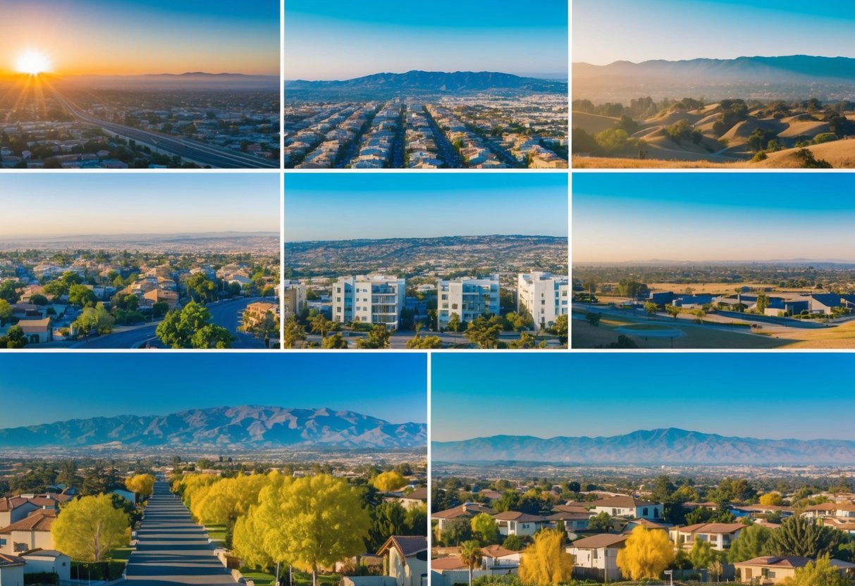 A sunny California landscape with diverse property types, including urban and rural areas, with varying topography and climate