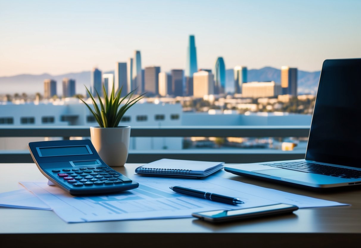 An architect's desk with blueprints, a calculator, and a laptop. A skyline of California commercial properties in the background