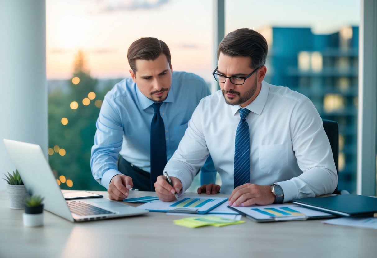 A real estate appraiser comparing market and income data while examining a property and its surroundings for cost approach appraisals