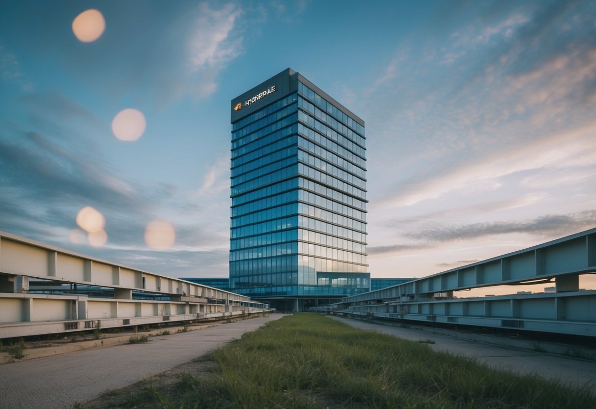 A modern building surrounded by outdated infrastructure, indicating functional and external obsolescence in cost approach valuations