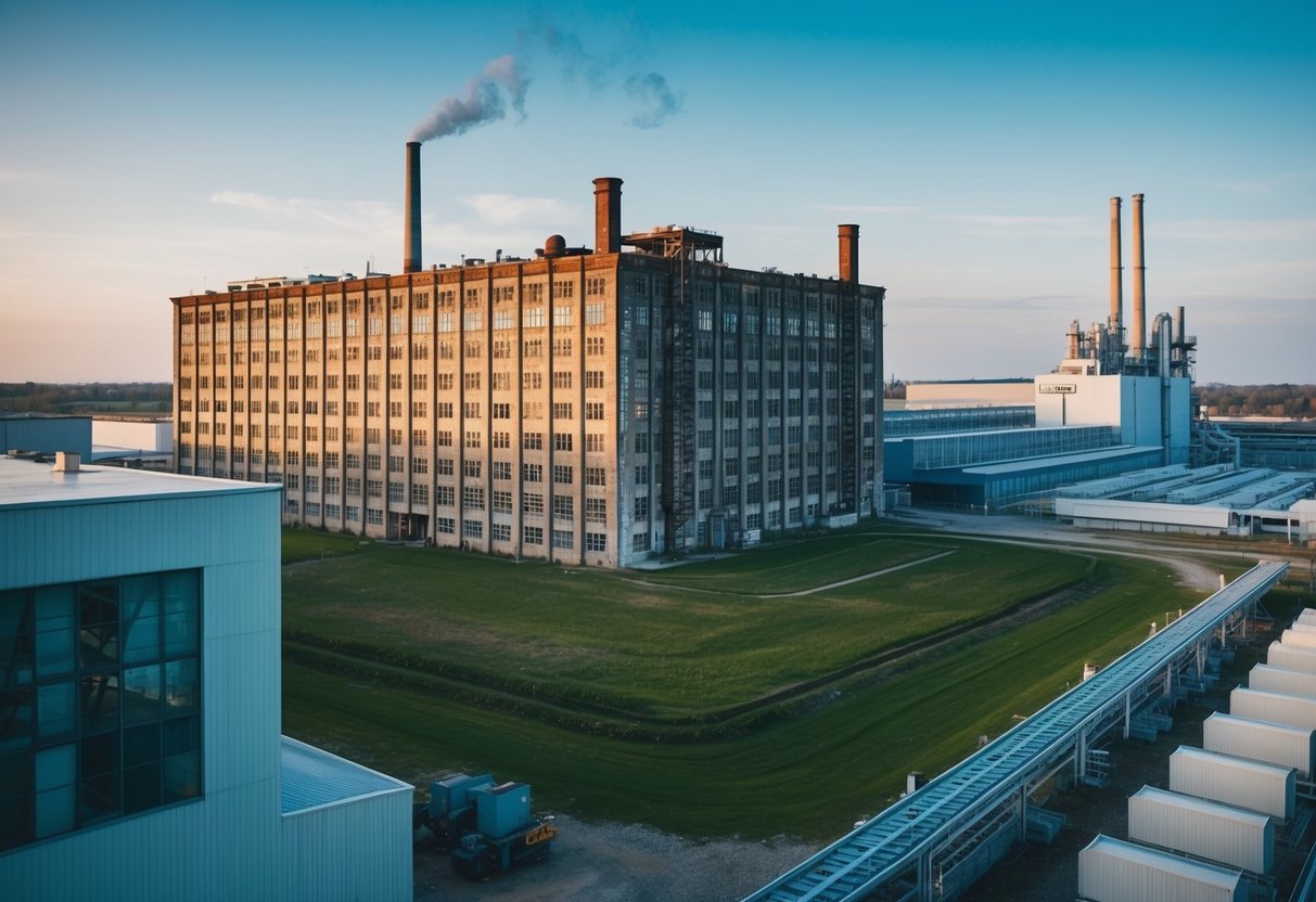 An old, outdated factory building surrounded by modern, high-tech facilities, with a large gap in technology and functionality between them