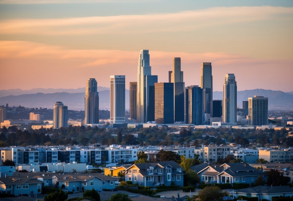 A modern city skyline with various types of real estate properties, including residential, commercial, and industrial buildings, set against a backdrop of California's picturesque landscape