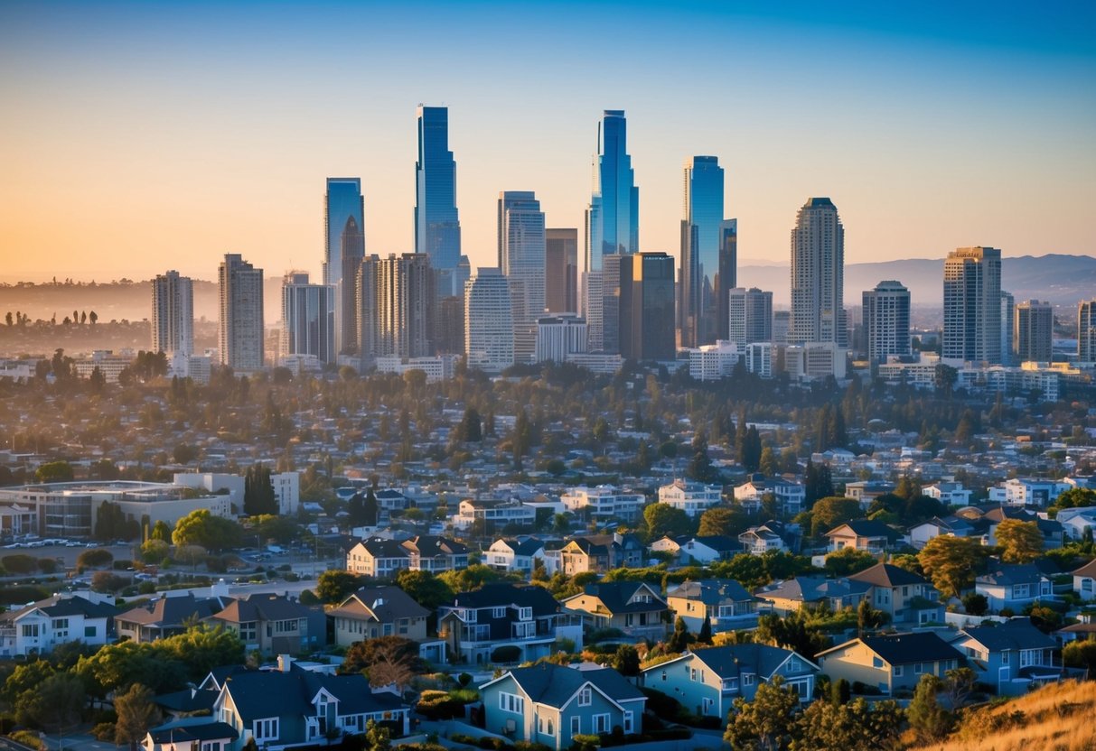 A diverse cityscape of California with modern high-rise buildings and traditional suburban homes, surrounded by natural landscapes and a bustling real estate market