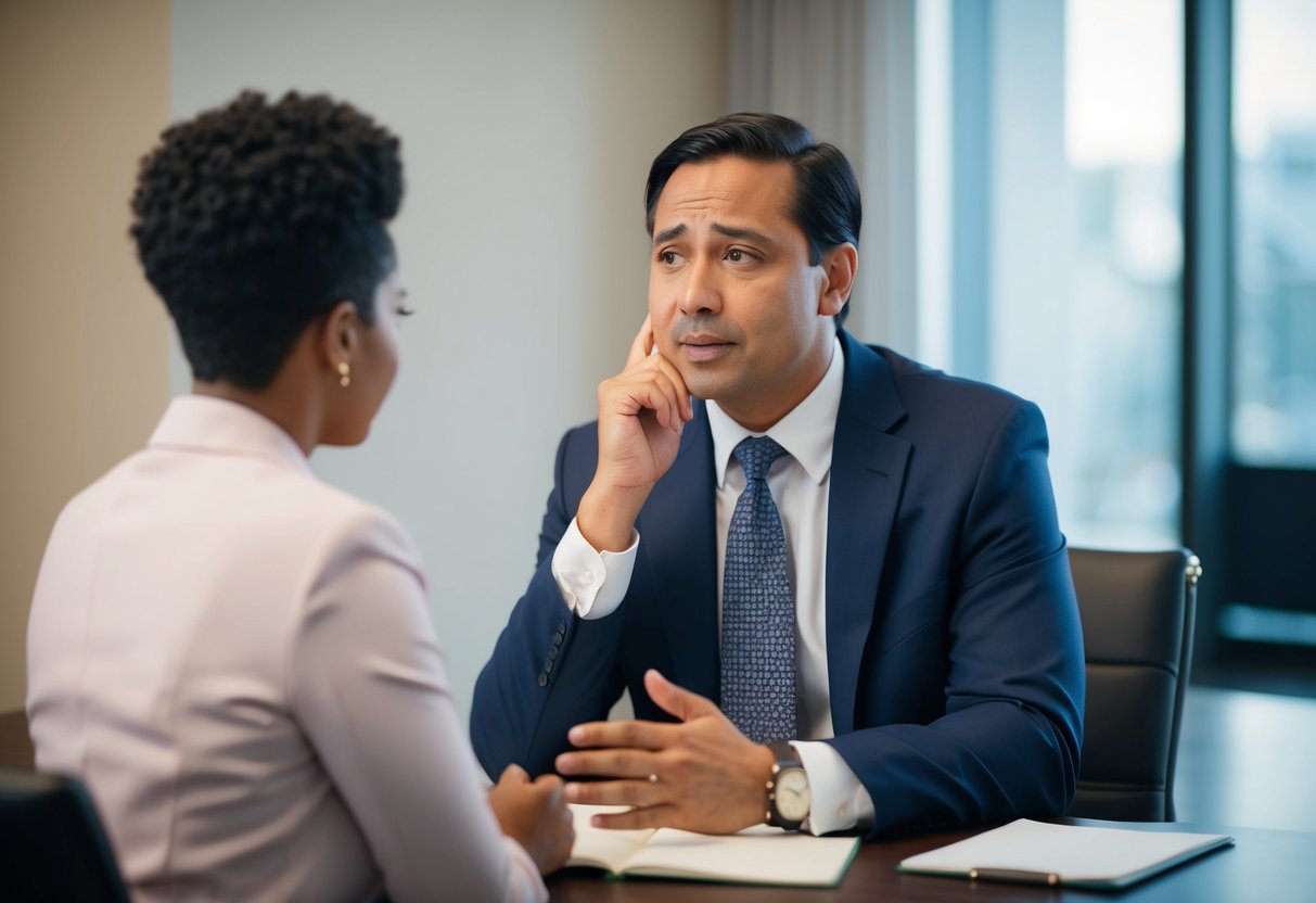 A defense attorney listens attentively to a client's story, showing empathy through body language and facial expressions. The client's emotions are reflected in their posture and gestures