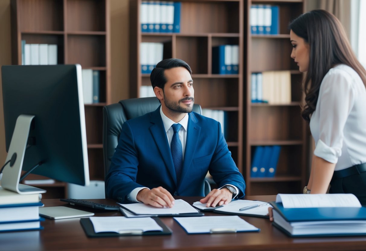 A lawyer sitting at a desk, surrounded by legal documents and a computer. A client is seen discussing their case with the lawyer