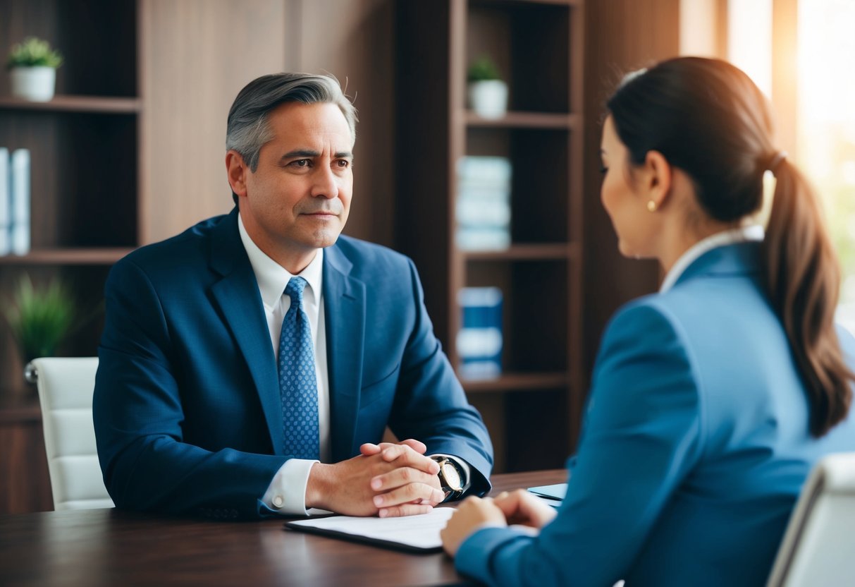 A defense attorney sitting across from a client, listening attentively with a compassionate expression