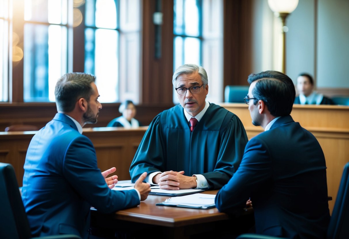 A courtroom scene with a judge, lawyer, and client in discussion. The client's perspective is emphasized through body language and facial expressions