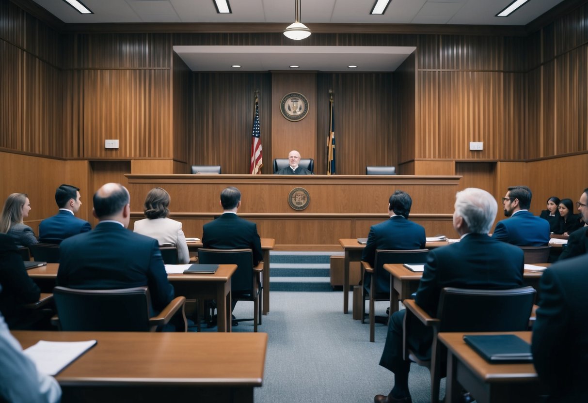 A courtroom with a judge's bench, witness stand, and seating for lawyers and clients. A sense of tension and anticipation in the air