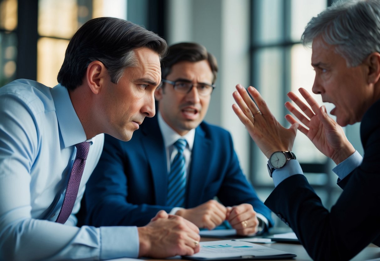 A negotiator leaning forward, listening intently with a furrowed brow, while the other party gestures emphatically, expressing frustration and concern