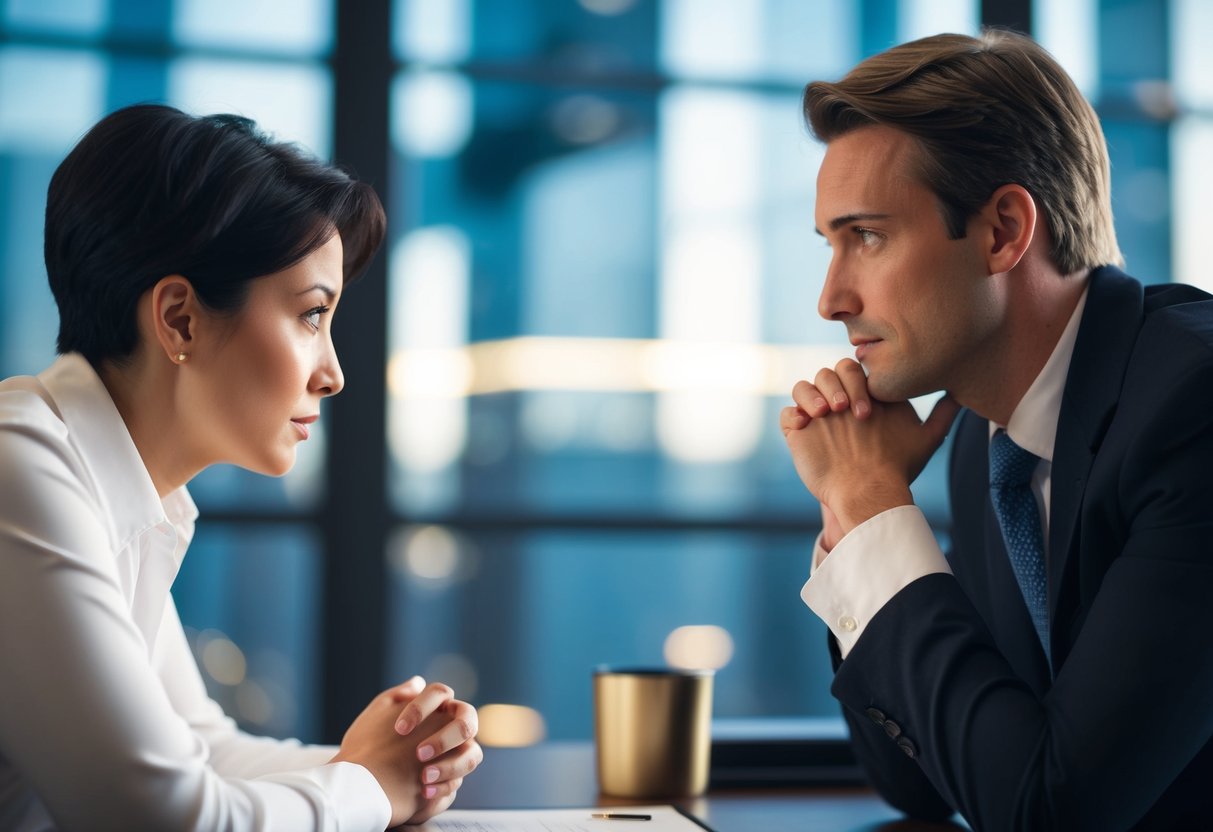 Two figures facing each other, one leaning forward with a concerned expression, the other with a thoughtful and understanding look. A negotiation table between them