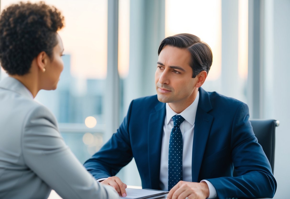 A lawyer sitting across from a client, leaning in and listening intently with a compassionate expression