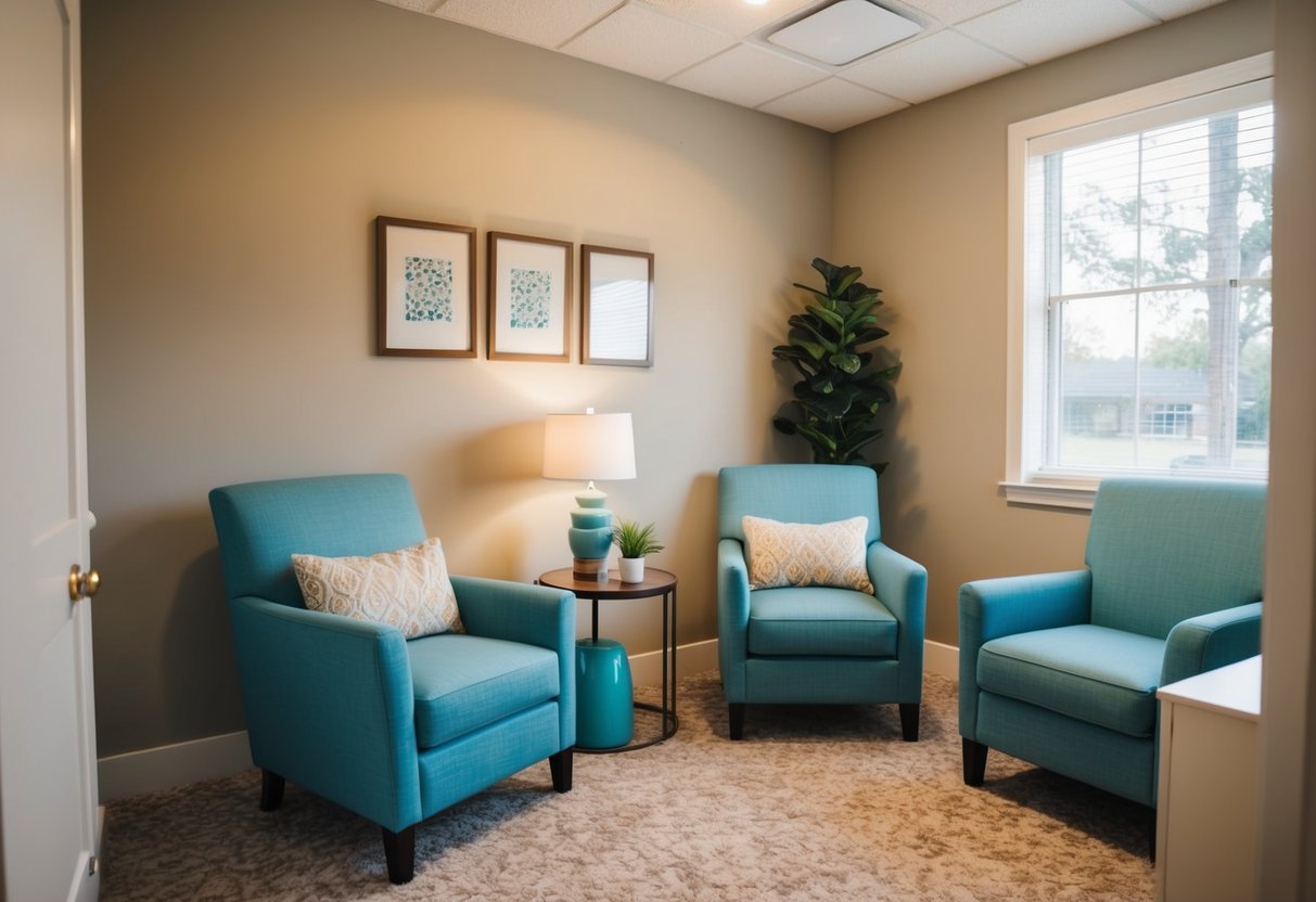 A cozy, inviting therapy room with comfortable seating, soft lighting, and calming decor. A warm, welcoming atmosphere promotes trust and open communication