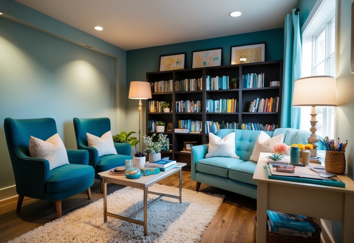 A cozy and inviting space with comfortable seating, soft lighting, and soothing colors. A table with art supplies and a bookshelf filled with resources