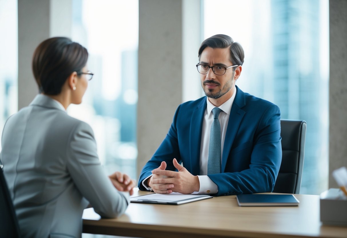 A lawyer at a desk, speaking with a client. The lawyer listens attentively while maintaining a professional demeanor